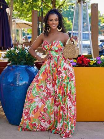 Plant Print Backless Halter One-Piece Jumpsuit For Women