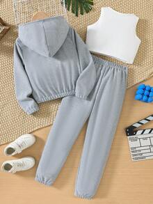 SHEIN Tween Girls' Solid Color Hooded Top, Letter Print Vest And Pants Set - Grey - View 2