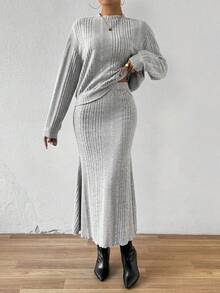 SHEIN Essnce 立領長袖羅紋針織上衣裙套裝 - 灰色 - 查看 6