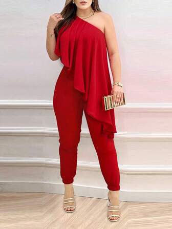 ChicMe One Shoulder Ruffles Elegant Slim Fit Jumpsuit Party Wear Sexy Evening Outfit Night Out Wedding Guest Cocktail Dressy Romper