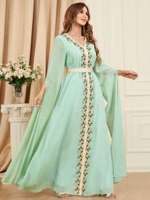 Women's Super Long Sleeve Embroidered Trim Patchwork Dress - Green - View 6