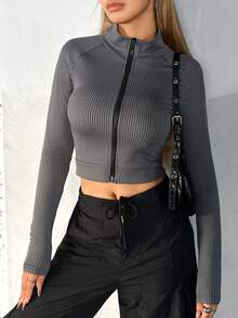 SHEIN Unity 女士直條紋拉鍊前短剪夾克 - 黑色 - 查看 3