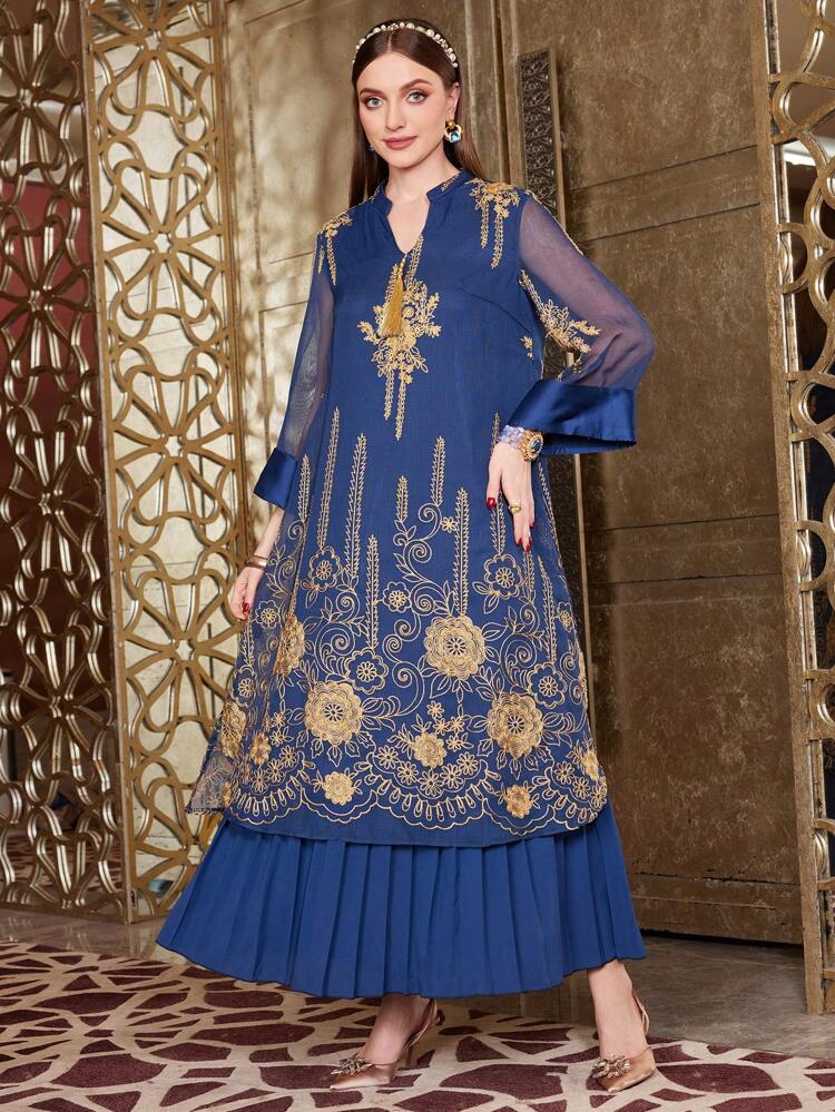 Embroidered Mesh Splice Notched Collar Dress Kaftan Jalabiya Dress