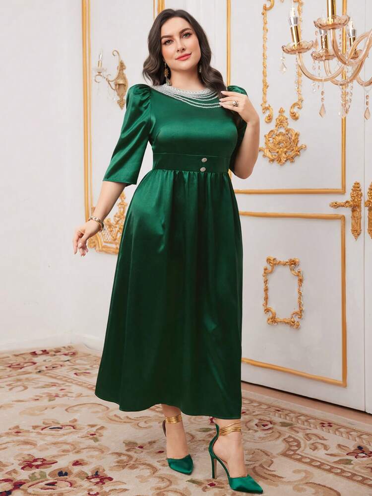 Plus Size Studded Beaded Chain Decoration Puff Sleeve Dress Long Evening Dresses