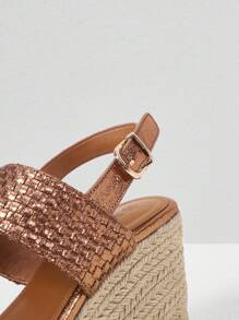 Styleloop Women's Fashion Faux Linen Metallicbraid Simple Open-Toe Brown Wedge Sandals - Khaki - View 5