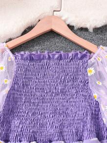 Tween Girl's Cute Daisy Sheer Lantern Long Sleeve Top With Ruffle Trim And Gathered Waist