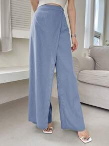 SHEINNeu Quần ống rộng dệt rộng bất đối xứng cho nữ - Màu xanh nhạt - Xem 7