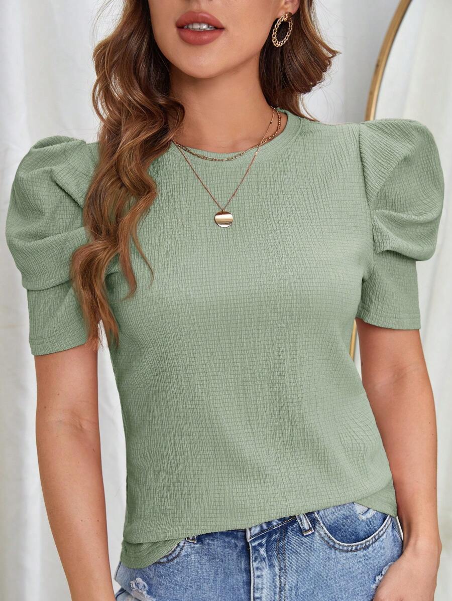 SHEIN Clasi Women's Round Neck Puff Short Sleeve T-Shirt - Mint Green - View 1