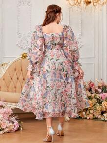 SHEIN 少女蕾絲花朵裝飾愛心領波浪邊長袖雪紡連衣裙