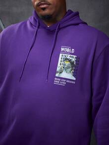 Manfinity Homme 男士大尺寸寬鬆連帽運動服套裝,印花口號運動衫和運動長褲 - 紫色 - 查看 3