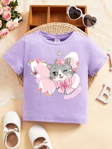 適合夏天的嬰兒女孩短袖卡通圖案圓領上衣 - 紫丁香色 - 查看 1