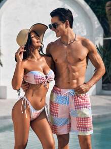 Manfinity VDAYZ Men's Plaid Drawstring Waist Swim Trunks - Red and White - View 3