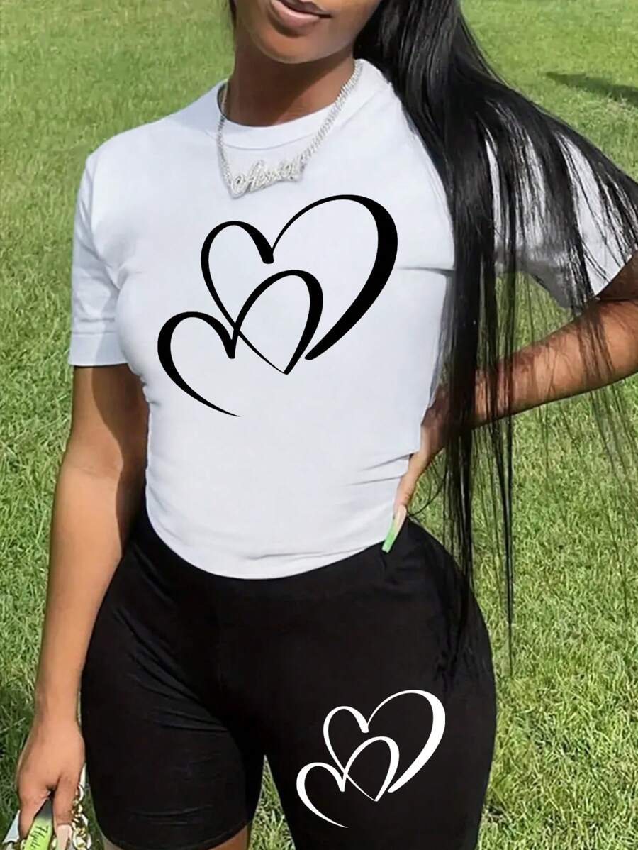 SHEIN 女性心形印花上衣和短褲套裝 - 黑與白 - 查看 1