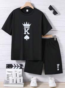 Teen Boys' Crown & Letter Print Short Sleeve T-Shirt And Shorts 2pcs/Set - Black - View 1