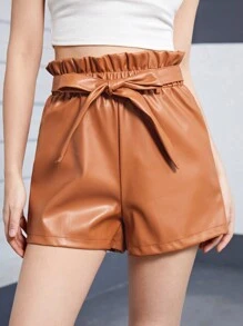 Shorts De PU Para Chicas Adolescentes Con Cinturón Y Ajuste Suelto, Casual