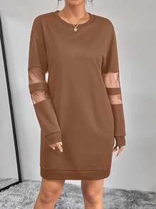 SHEIN Essnce 女士網眼插件長袖連衣裙 - 棕色 - 查看 5