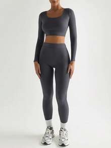 Chất rắn Gầy Hai chiếc Bộ Giải trí Tay áo dài Top Cây trồng Và Bút chì Quần bó sát Thể thao Co giãn Phù hợp Bộ - Màu xám đen - Xem 7