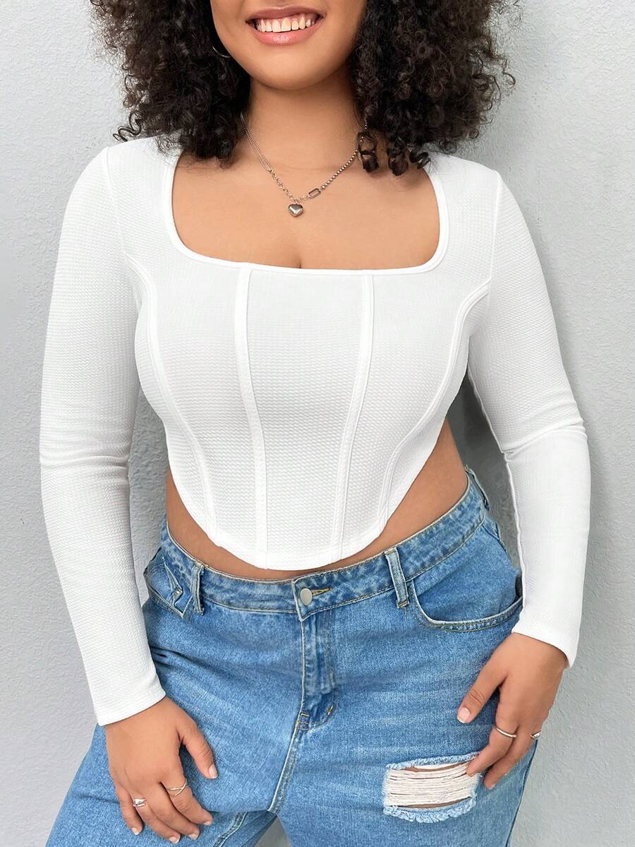 SHEIN EZwear Của phụ nữ Kích thước lớn Màu thuần Hình vuông Đường viền cổ áo Viền không đối xứng Áo thun - trắng - Xem 1