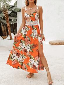 SHEIN VCAY Women's Lace Patchwork Flower Summer Long Beach Dress For Vacation