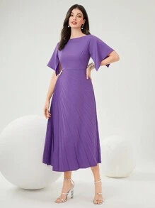 Modelyn Women'S Round Neck Solid Color Dress With Pleated Hem Dress, Elegant Evening Party Dress Long Evening Dresses