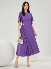 Modelyn Women'S Round Neck Solid Color Dress With Pleated Hem Dress, Elegant Evening Party Dress Long Evening Dresses