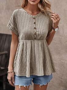 SHEIN LUNE Tricou pentru damă, culoare uni, cu dungi în dungi - Caisă - Vizualizare 5
