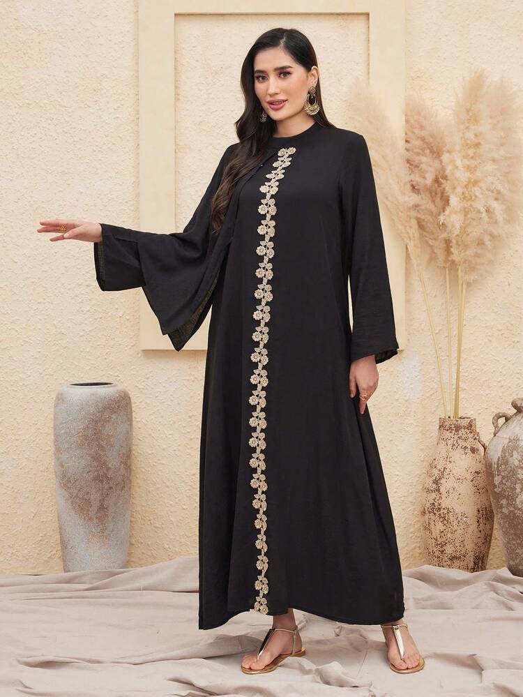 Flower Embroidered Bell Sleeve Dress Kaftan Jalabiya Dress