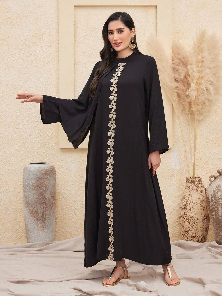 Al Najma Flower Embroidered Bell Sleeve Dress Kaftan Jalabiya Dress - Multicolor - View 1