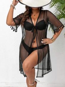 SHEIN LUNE Kích thước lớn Của phụ nữ Lưới Nối Sọc Tay áo Cổ tay áo Áo khoác - màu đen - Xem 8