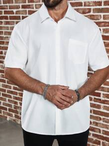 Manfinity Homme Men's Plus Size Solid Colored Short Sleeve Shirt, Plain Button Dress Shirt, For Going Out - White - View 6