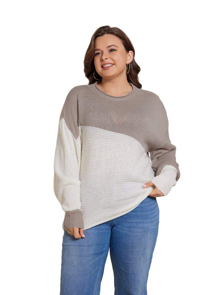 Plus Two Tone Drop Shoulder Sweater Knit Pullover Fall Winter Sweater