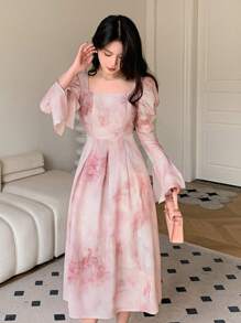 DAZY Ink-Washed A-Line Dress With Cinched Waist And Flared Sleeves Floral,Ruffle,Fall Dress