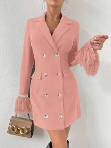 SHEIN Privé Vestido Con Puños Peludos Y Solapa De Color Liso Con Doble Botonadura - Rosa - Ver 5