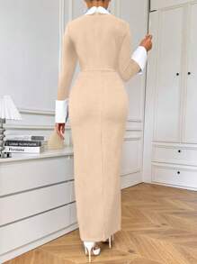SHEIN Privé Women's Contrast Color Split Dress - Apricot - View 2