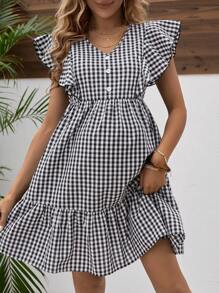 SHEIN Maternity Plaid Ruffle Hem Dress - Black and White - View 1