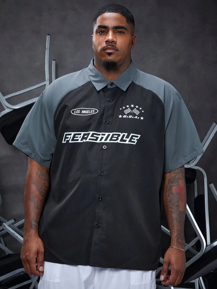 Men's Plus Size Loose Colorblock Raglan Sleeve T-Shirt With Letter Print