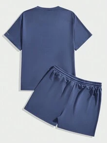 GENTILAND 男士加大碼針織休閒套裝,印有口號圖案 - 藍色 - 查看 2