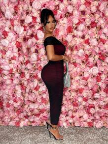 SHEIN SXY 女性性感褶皺網紗斜肩緊身連衣裙 - 黑色 - 查看 4