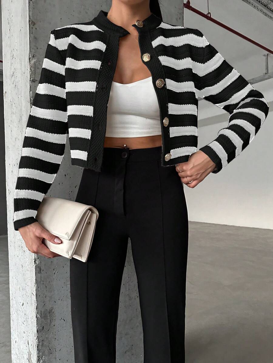 EURMUSE Women's Color-Block Striped Cropped Cardigan With Open Front - Black - View 1