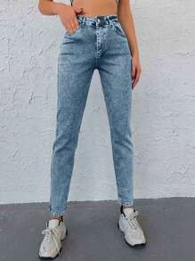 EURMUSE 女士休闲修身口袋纽扣牛仔裤 - 藍色 - 查看 5