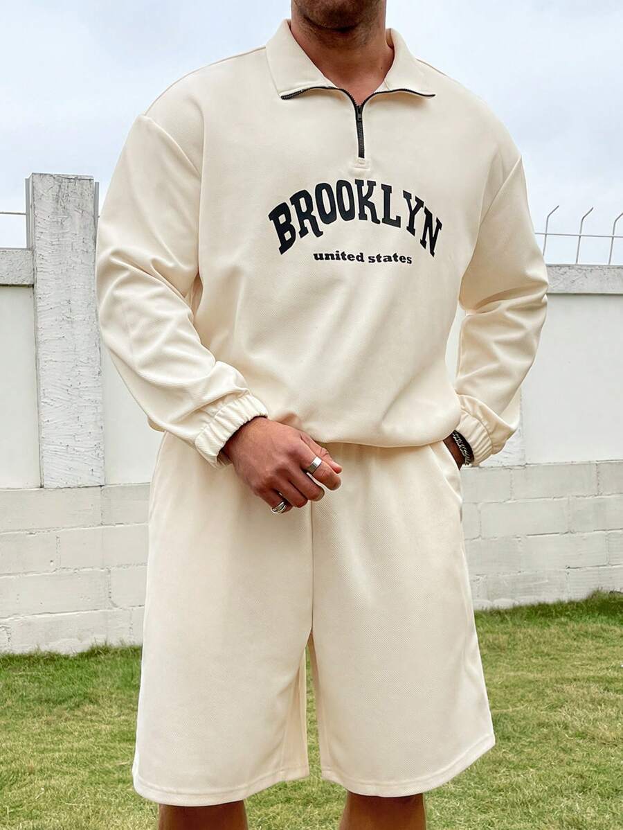 Manfinity Homme Men'S Plus Size Letter Printed Top And Solid Color Shorts Two-Piece Set - Apricot - View 1