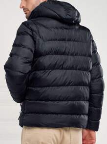 RueChic Men Zip Up Drawstring Hooded Puffer Coat - Black - View 2