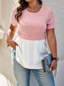 Elenzga 珍珠细节大码二合一撞色 T 恤图案 T 恤女式上衣 - 粉色 - 查看 1