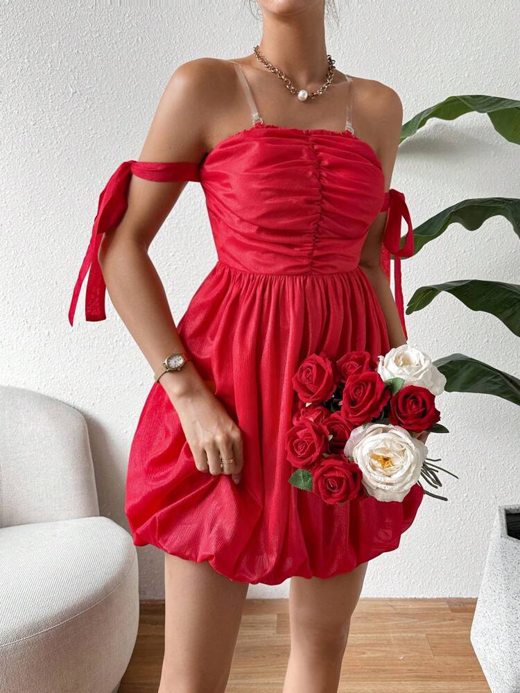 Dress With Pleated Detail And Transparent Shoulder Straps