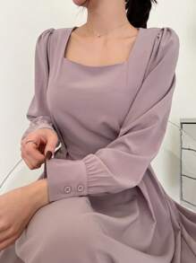 DAZY Của phụ nữ Cổ vuông Ống tay áo Bong bóng Hem Đầm - Màu tím hoa cà - Xem 6