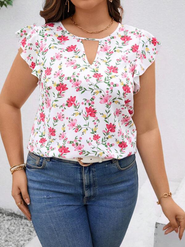 SHEIN Clasi Plus Size Summer Keyhole Neckline Floral Printed Blouse