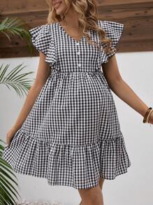 SHEIN Maternity Plaid Ruffle Hem Dress - Black and White - View 4
