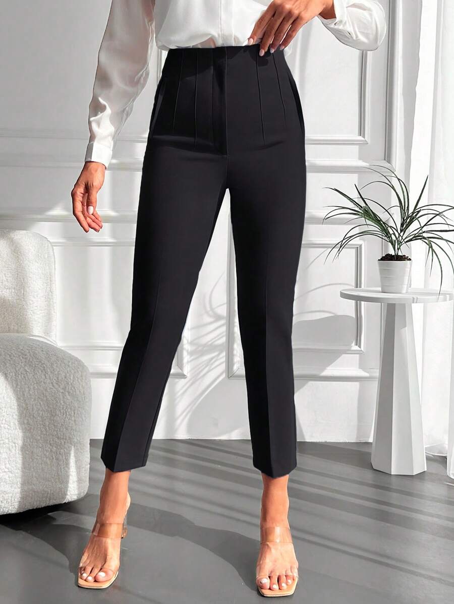 SHEIN Cottnline Solid Color Tapered Nine-Point Cropped Pants - Black - View 1