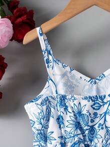 SHEIN 小女孩的花卉印花细肩带连衣裙蓝色碎花连衣裙夏季连衣裙女童 - 藍色 - 查看 6