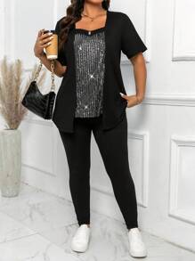 Calvaya Plus Size Decor Soft Contrast Sequin Short Sleeve T-Shirt And Fitted Pants Casual 2 Pieces Outfits For Summer